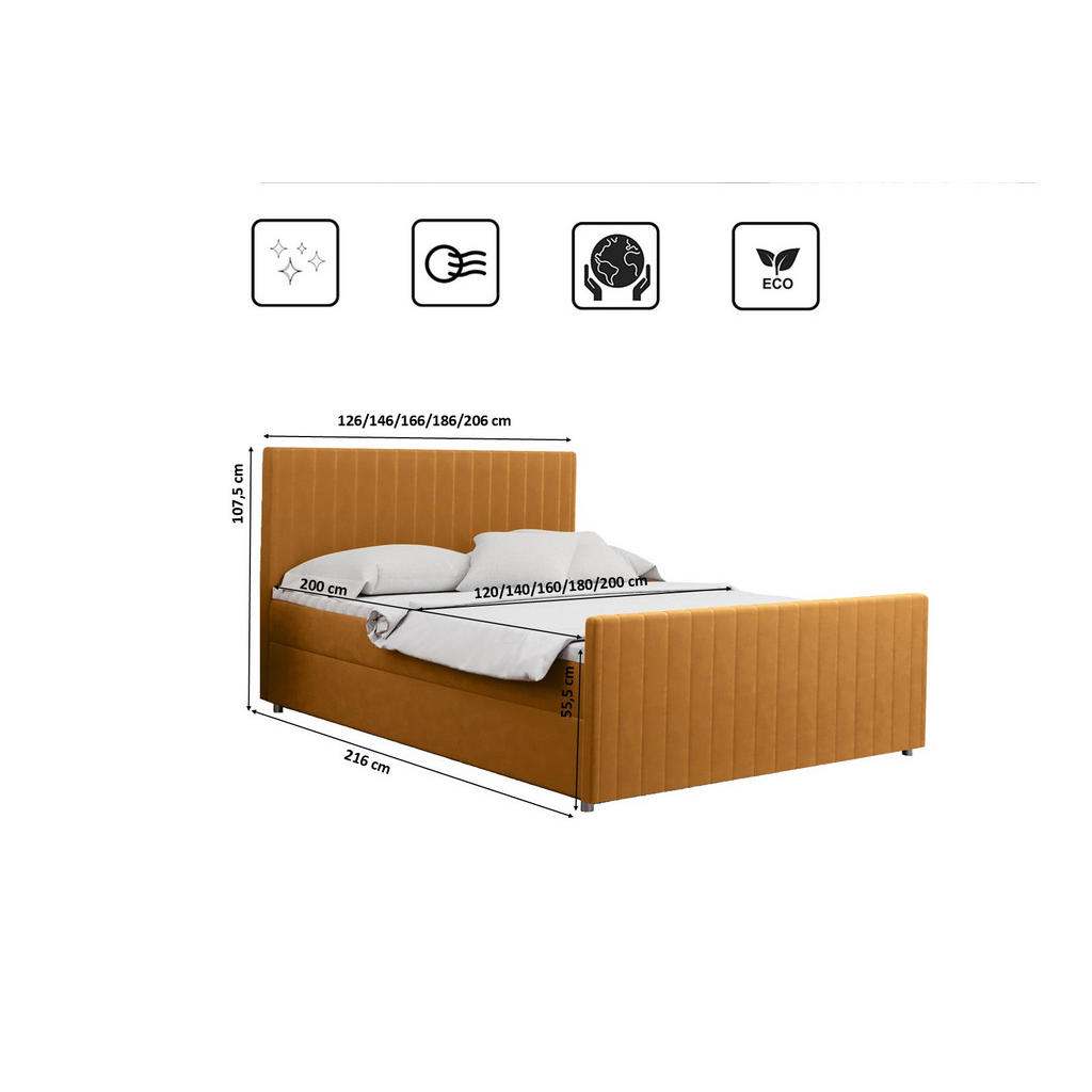 Thumbnail - Kaiser Möbel Boxbett, Gelb, Textil, 2 Schubladen, H3, Höhe ca. 20 cm, einzeln stellbar,Rechteckig, 140x200 cm, Schlafzim...