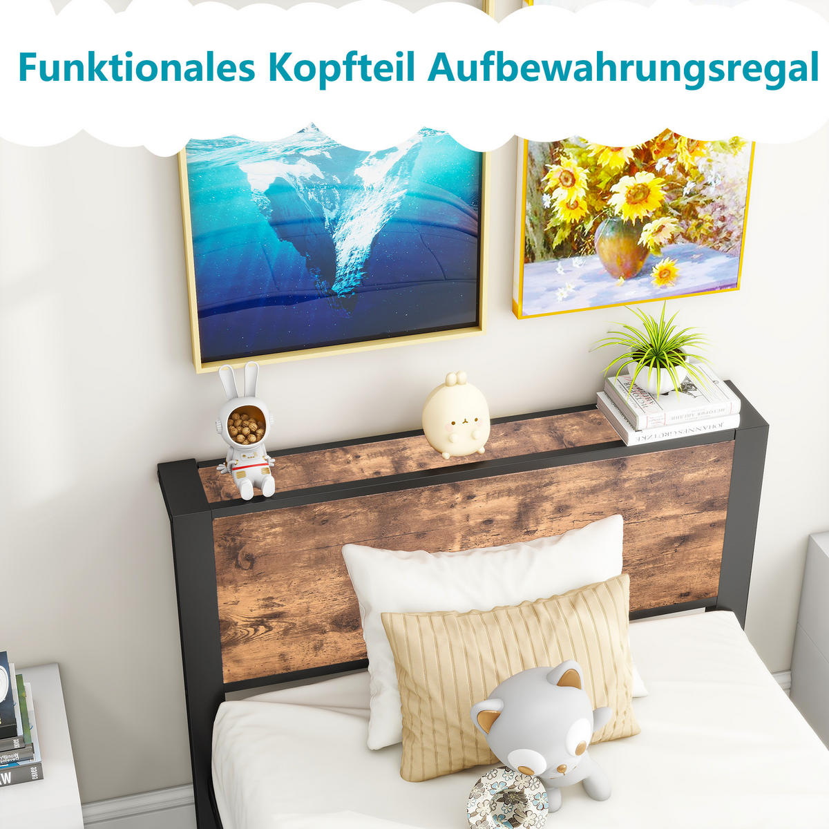 METALLBETT 90x200 cm Stauraum Kopfteil braun - Dunkelbraun, Holzwerkstoff (90/200cm) - LEBENLANG