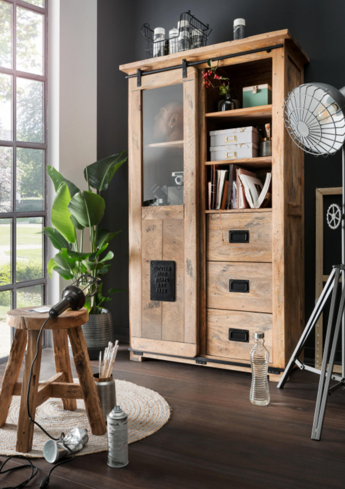 VITRINE Florenz Mango Vintage 100 x 45 x175 cm - Schwarz/Braun, Holz (100/175/45cm) - Mr. Deko