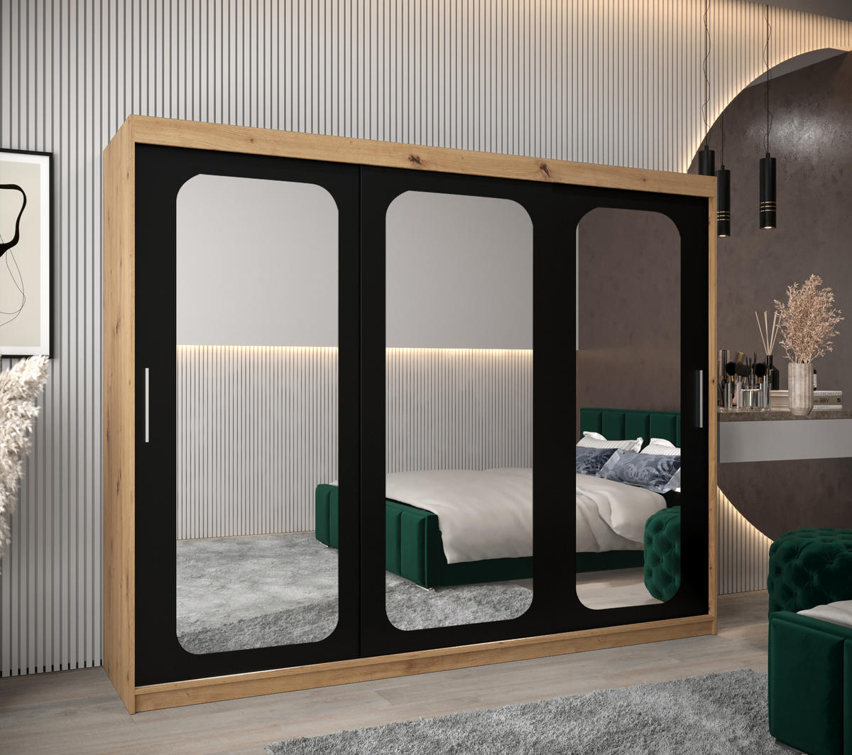 SCHWEBETÜRENSCHRANK 200/250/62 3-türig - Silberfarben/Schwarz, Holz/Kunststoff (250/200/62cm) - Abiks Möbel