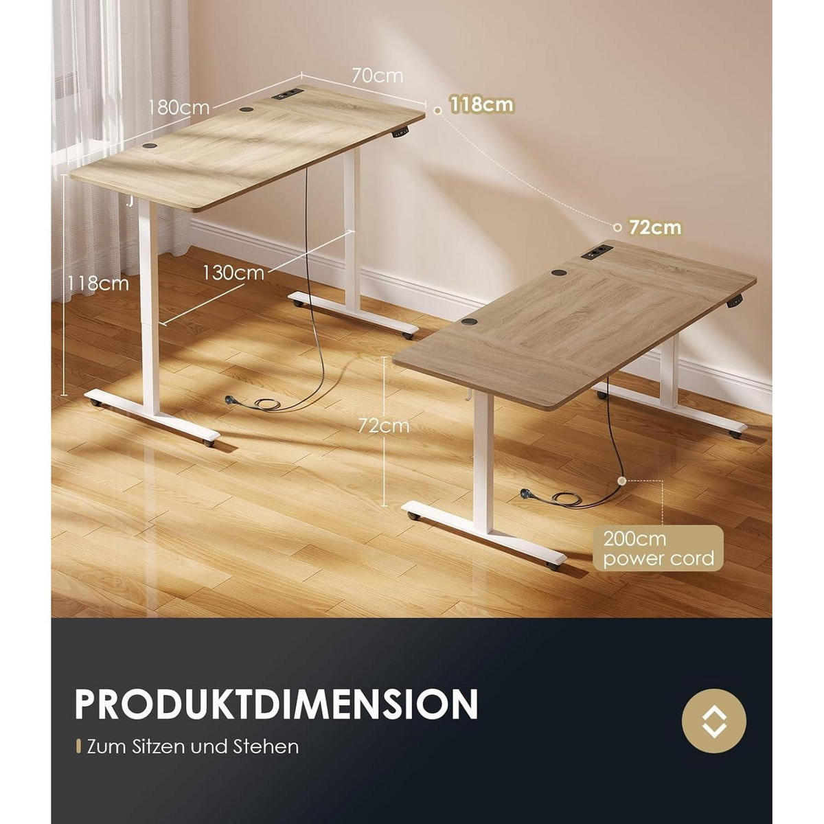 SCHREIBTISCH Höhenverstellbar Elektrisch 180 cm Beige mit USB und Memory Funktion - Beige, Holzwerkstoff (70/180/72cm)