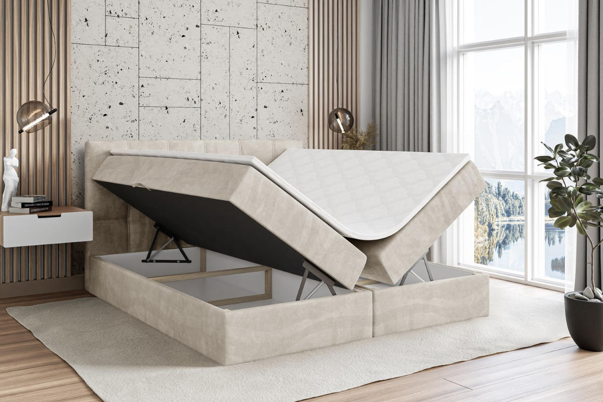 BOXBETT mit Matratze H3 und Lattenrost - MARCE - 160 x 200 cm - Beige - Creme, Holzwerkstoff (160/200cm) - ALTDECOR