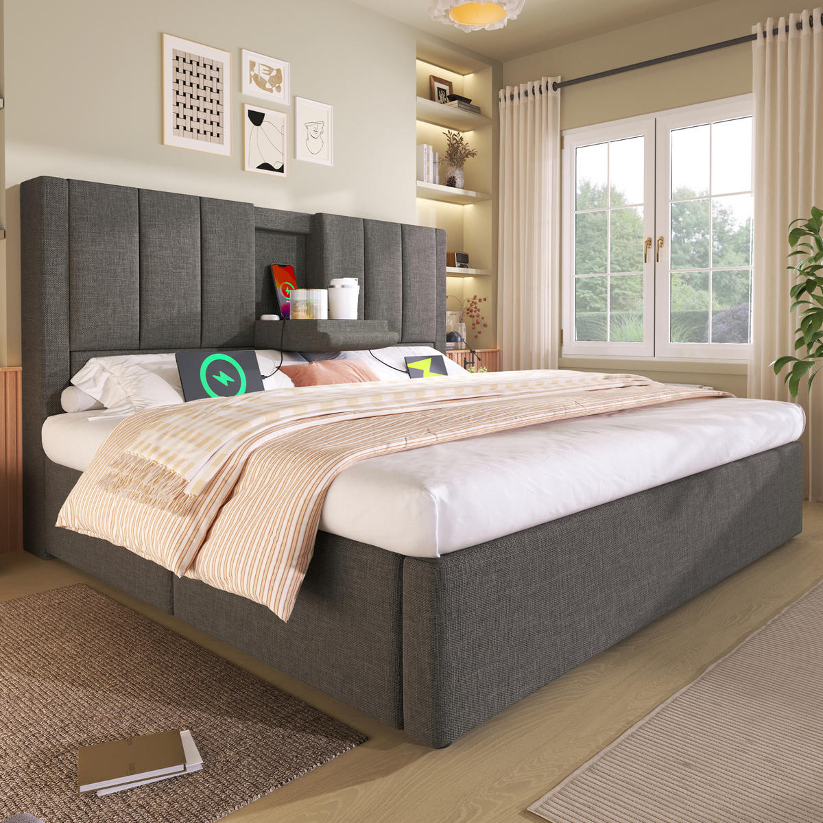 POLSTERBETT mit Stauraum und Ladestation 160x200 cm Leinen Grau mit Matratze - Grau, Metall (160/200cm) - Beauniv