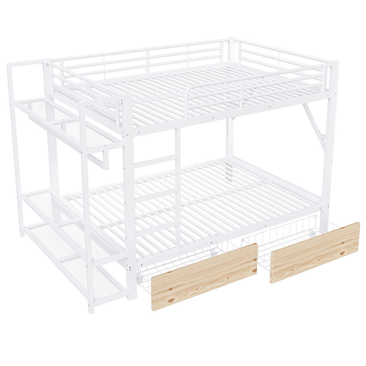 ETAGENBETT 140/200 cm in Weiß mit LED-Beleuchtung und 2 Schubladen - Weiß, Metall - BEAOK