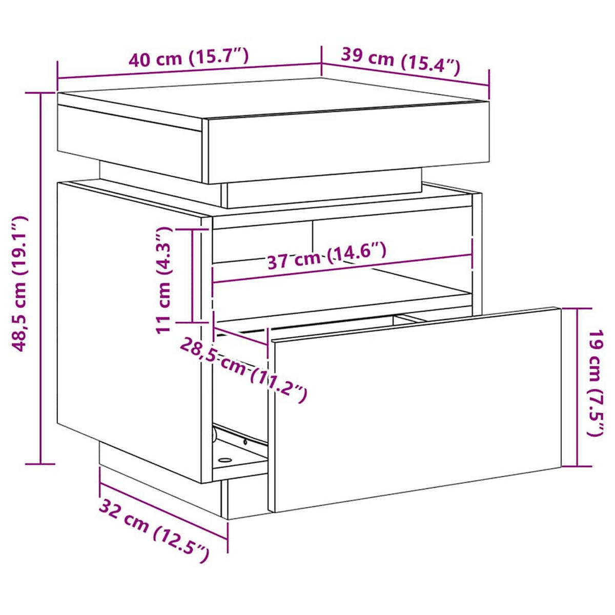 NACHTTISCH 2 Stk. mit Led-Leuchten 40/39/48,5 cm in Weiß - Weiß, Holz (40/48.5/39cm) - vidaXL