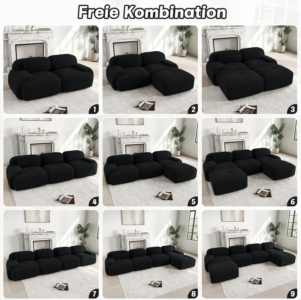 2-SITZER-MODULSOFA aus Cordstoff Schwarz rahmenlos mit ergonomischen Armlehnen und rutschfester Unterseite - Schwarz, Textil (208/75/178cm) - Modfu