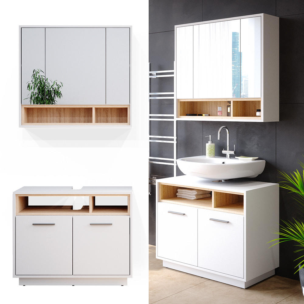 BADMÖBEL-SET Beatrice Weiß 2 Teile - Weiß/Sonoma Eiche, Holzwerkstoff (80/64/40cm) - Vicco
