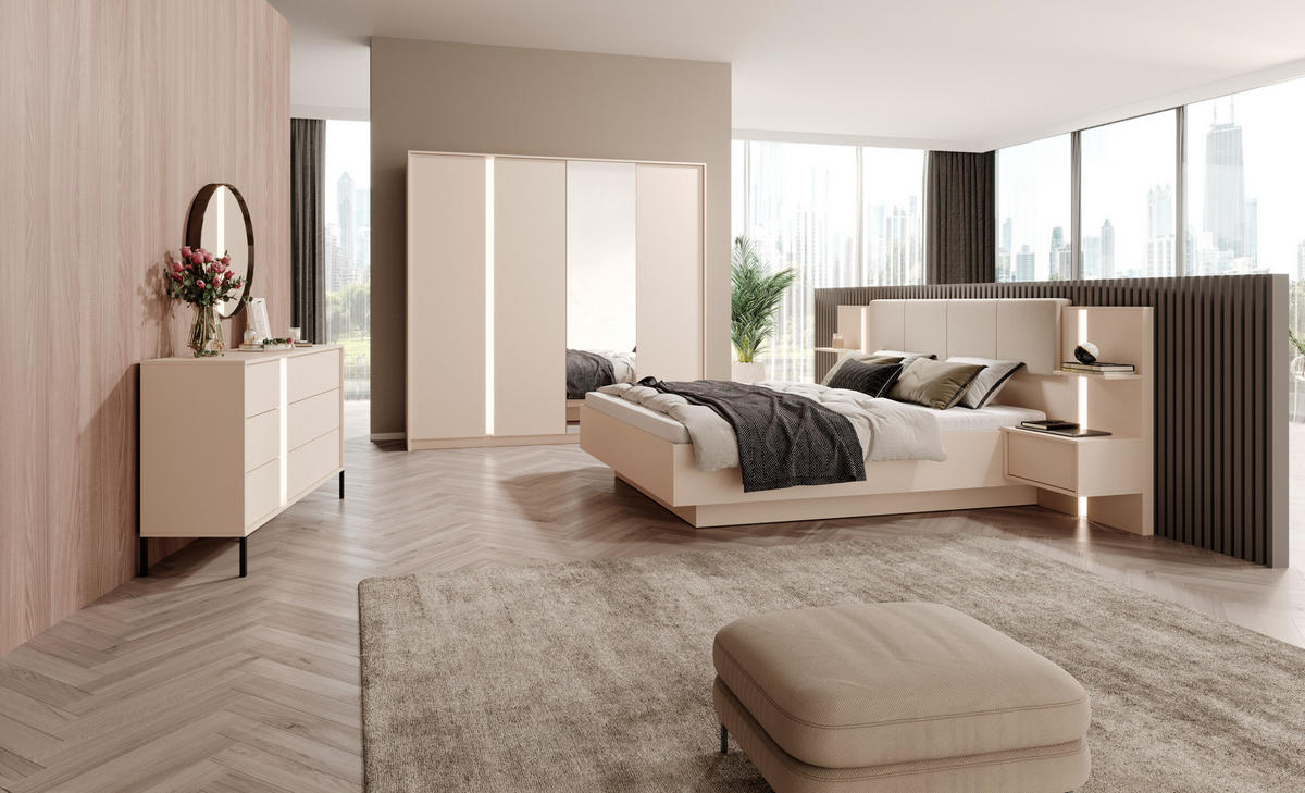 BETT Holen Beige, mit Bettzeugablage und Nachttische - Beige, Holzwerkstoff - Bettso