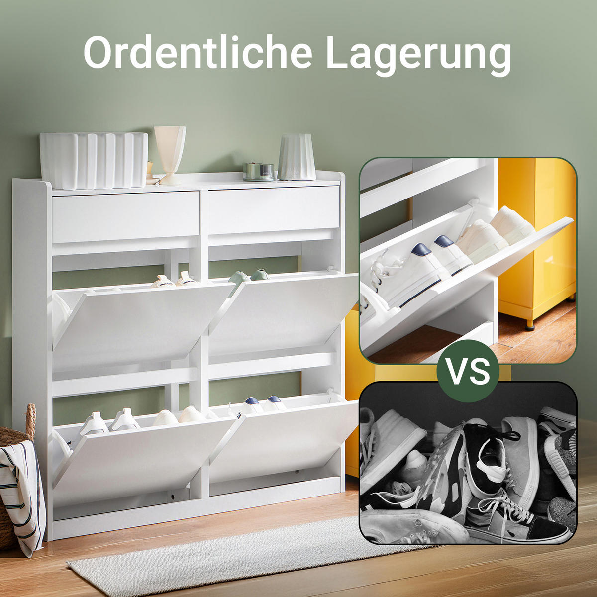 SCHUHKIPPER mit 4 Klappen, Schuhschrank schmal, 98x95x19cm Weiß - Weiß, Holz (98/95/19cm) - SoBuy