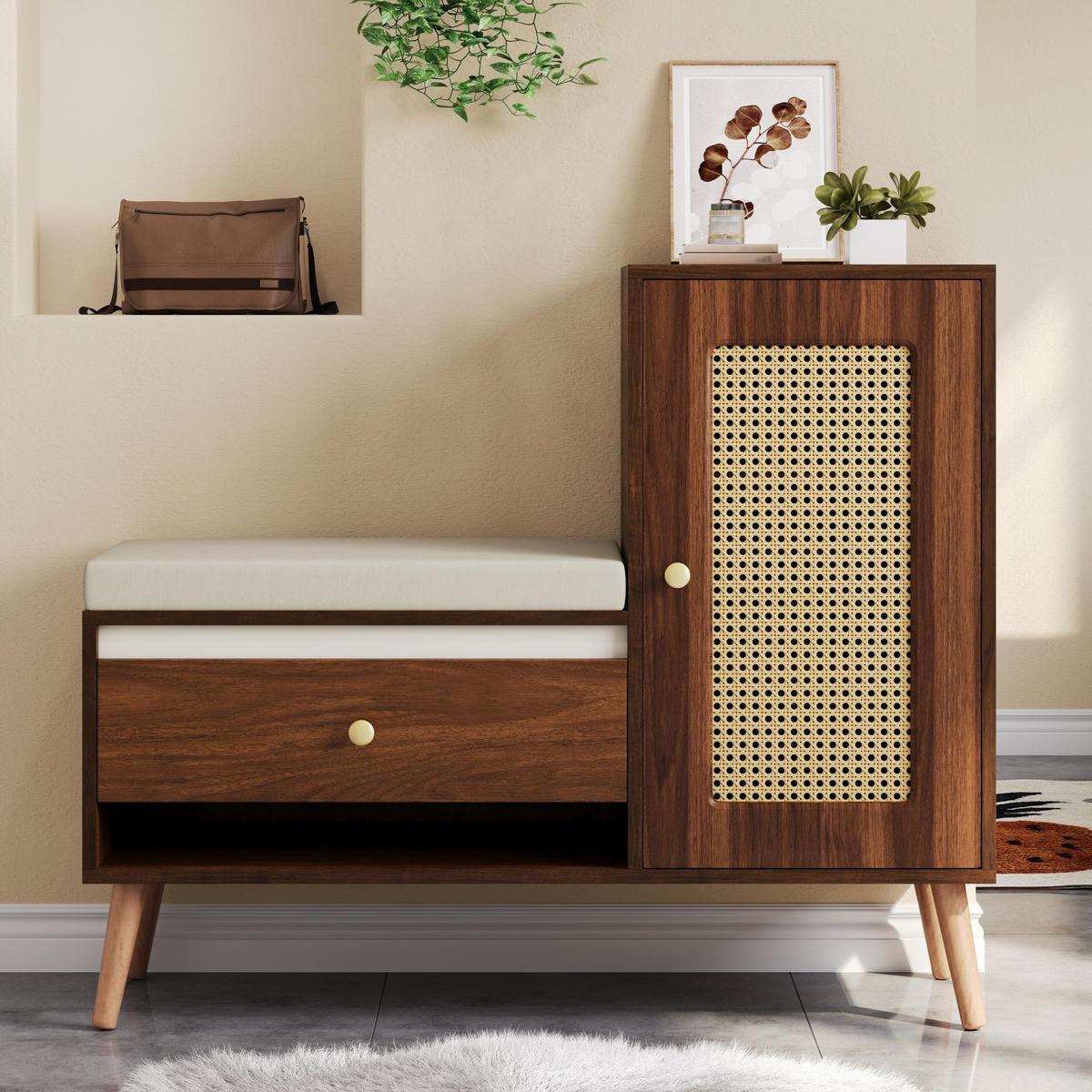 SCHUHSCHRANK 95,5/35/80,5 cm mit Sitzkissen, Schubladen und Rattan-Optik, Nussbaum - Dunkelbraun, Holzwerkstoff (95.5/80.5/35cm) - Redom