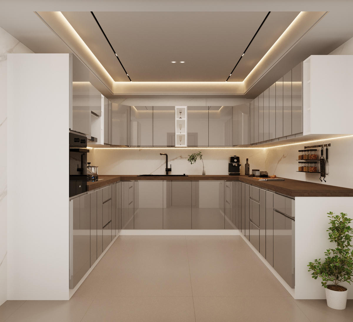 WINKELKÜCHE 320 cm x 200 x 320 cm - Aspen KA19-M320 - in Grau/Hochglanz - Grau, Holz (860/212/58cm)