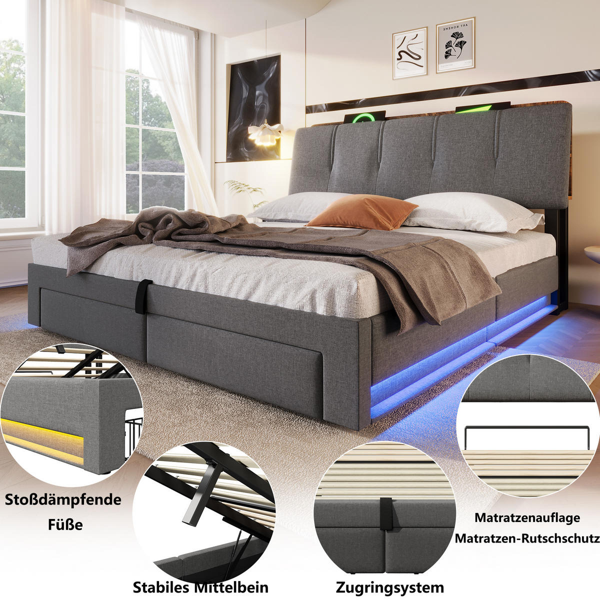 POLSTERBETT 140/200 cm Grau mit USB-Typ-C-Ladeanschluss, LED-Beleuchtung und 2 Schubladen - Grau, Textil (140/200cm) - Oxeza