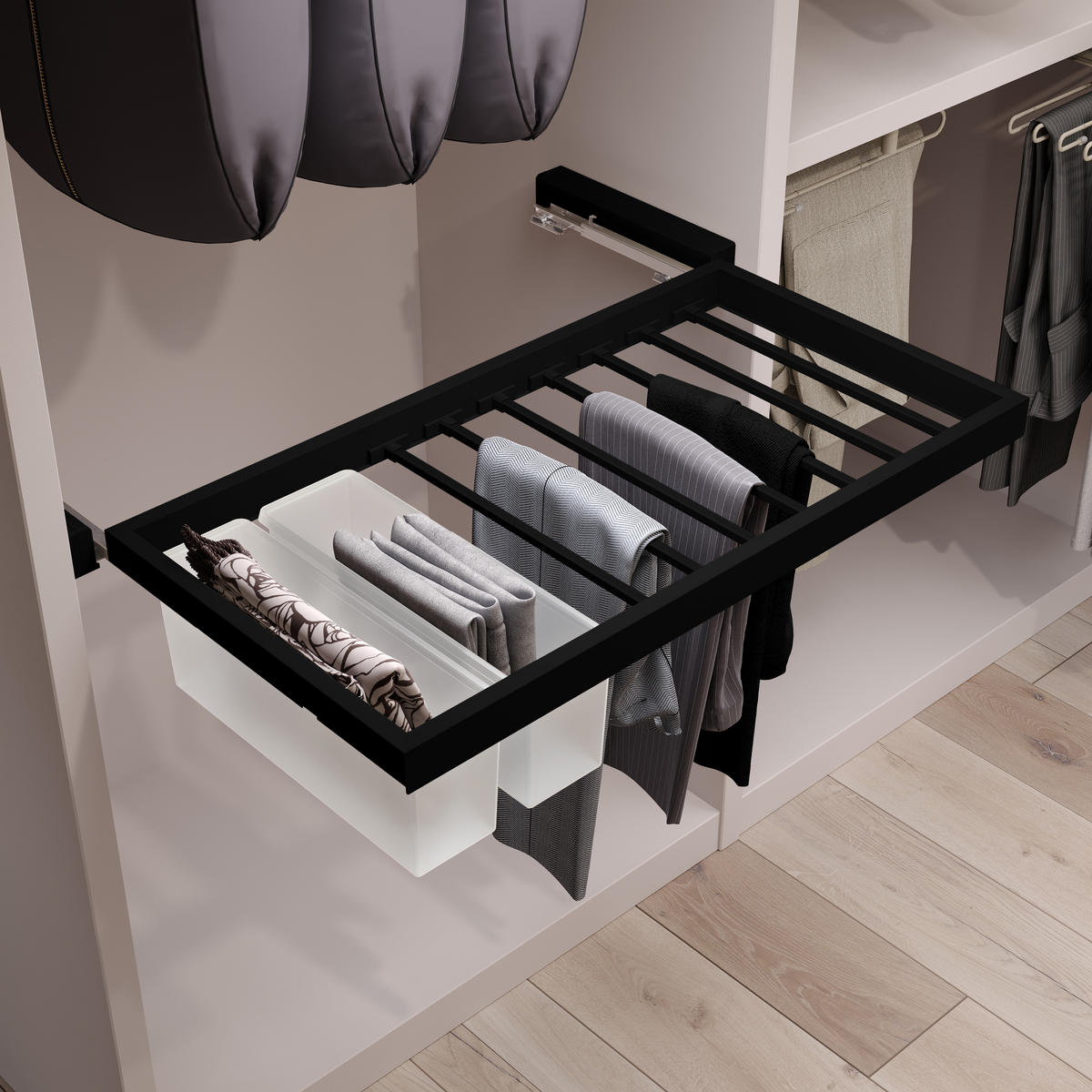 HOSENTRÄGER, 2 Ablagen und sanft schließendem Gleitrahmen für Kleiderschränke, verstellbar, Modul 900mm, Schwarz texturiert 7er-set - Schwarz, Kunststoff (89.4/4/43.4cm) - EMUCA