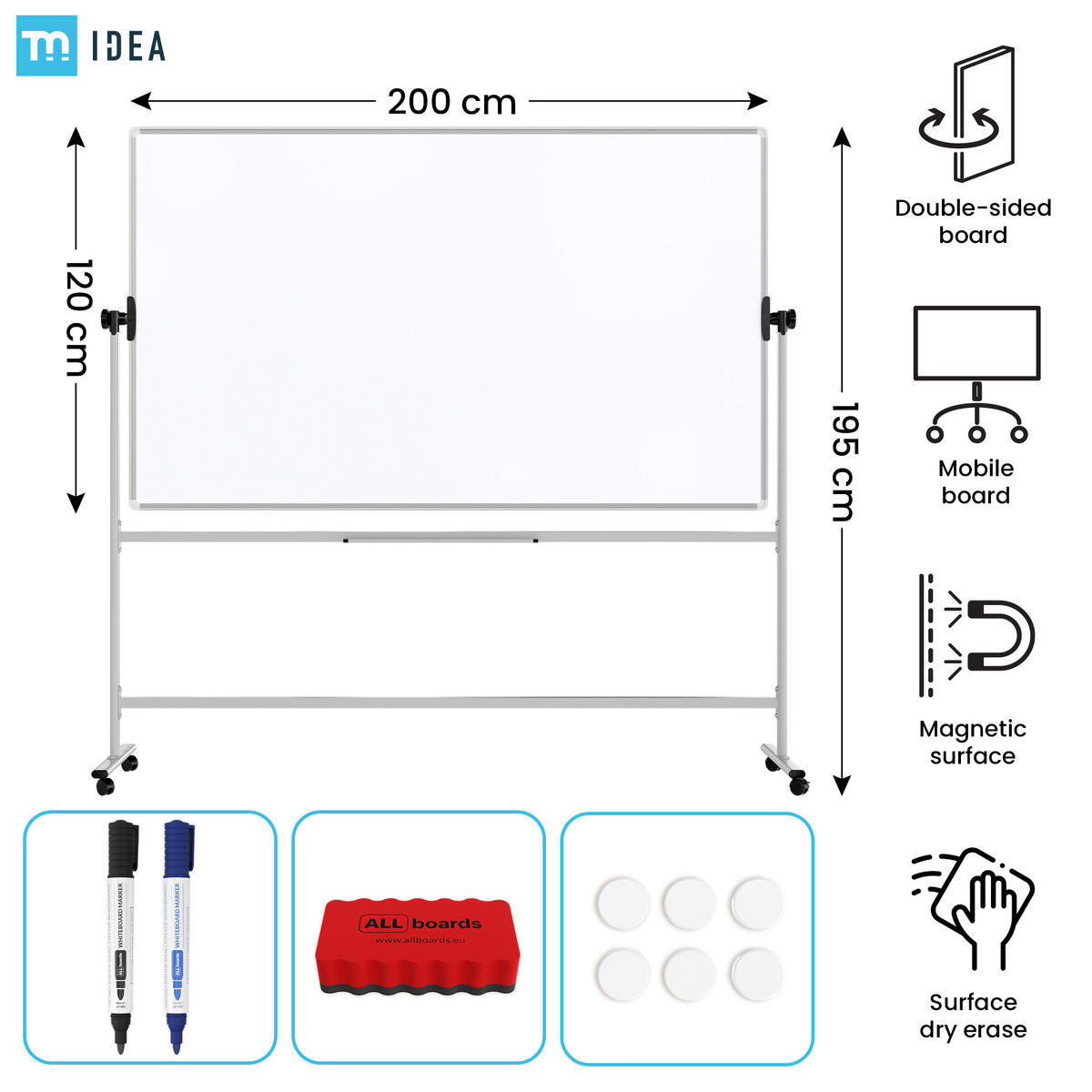 MOBILES Board, Serie: TM Idea/Flex – mit doppelseitiger Whiteboard-Oberfläche, drehbar, 200x120 cm - Weiß, Metall (200/120/62cm) - ALLboards
