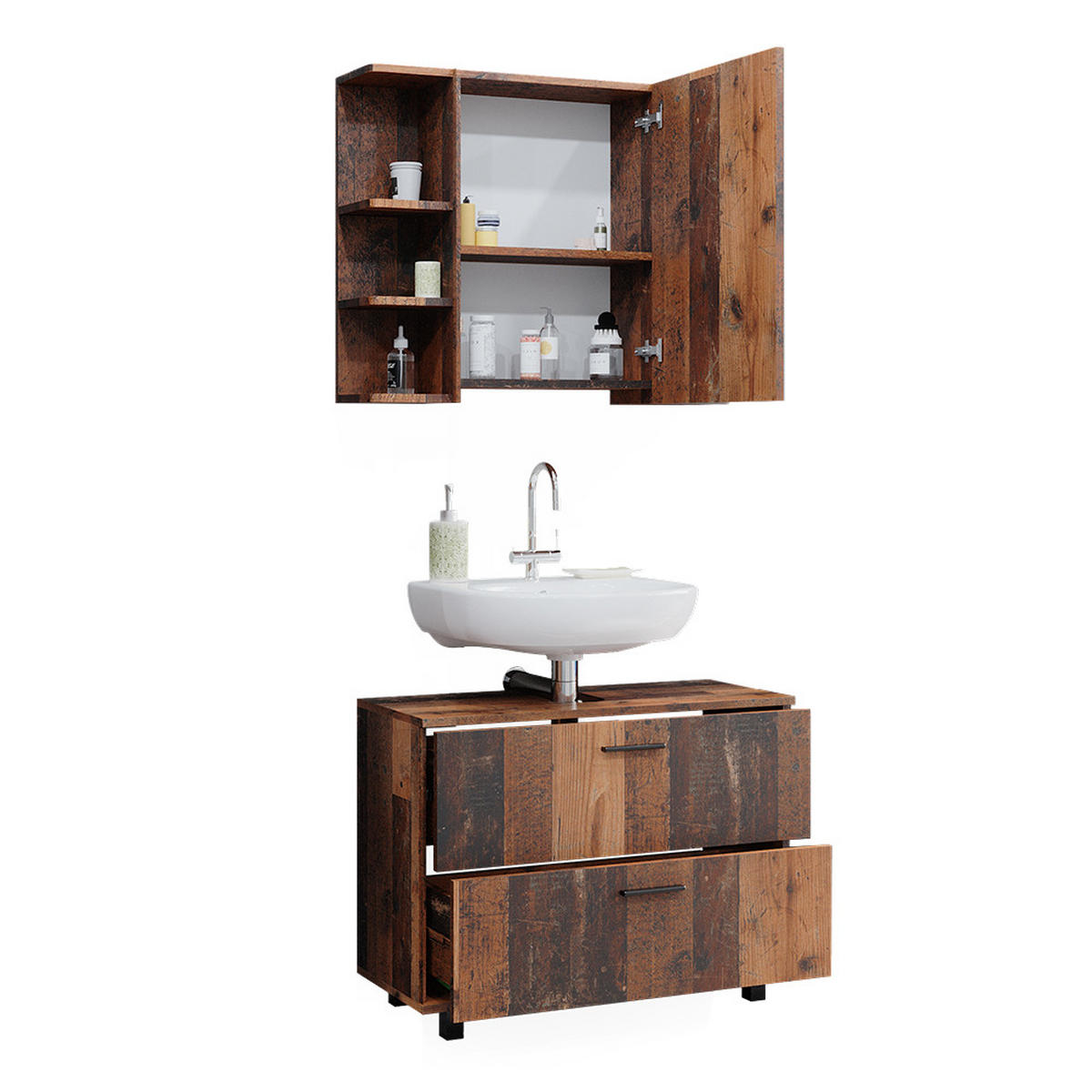 BADMÖBEL-SET Ilias Eiche rustikal 2 Teile, Unterschrank 80 cm - Wildeiche, Holzwerkstoff (80.2/60.8/33cm) - Vicco