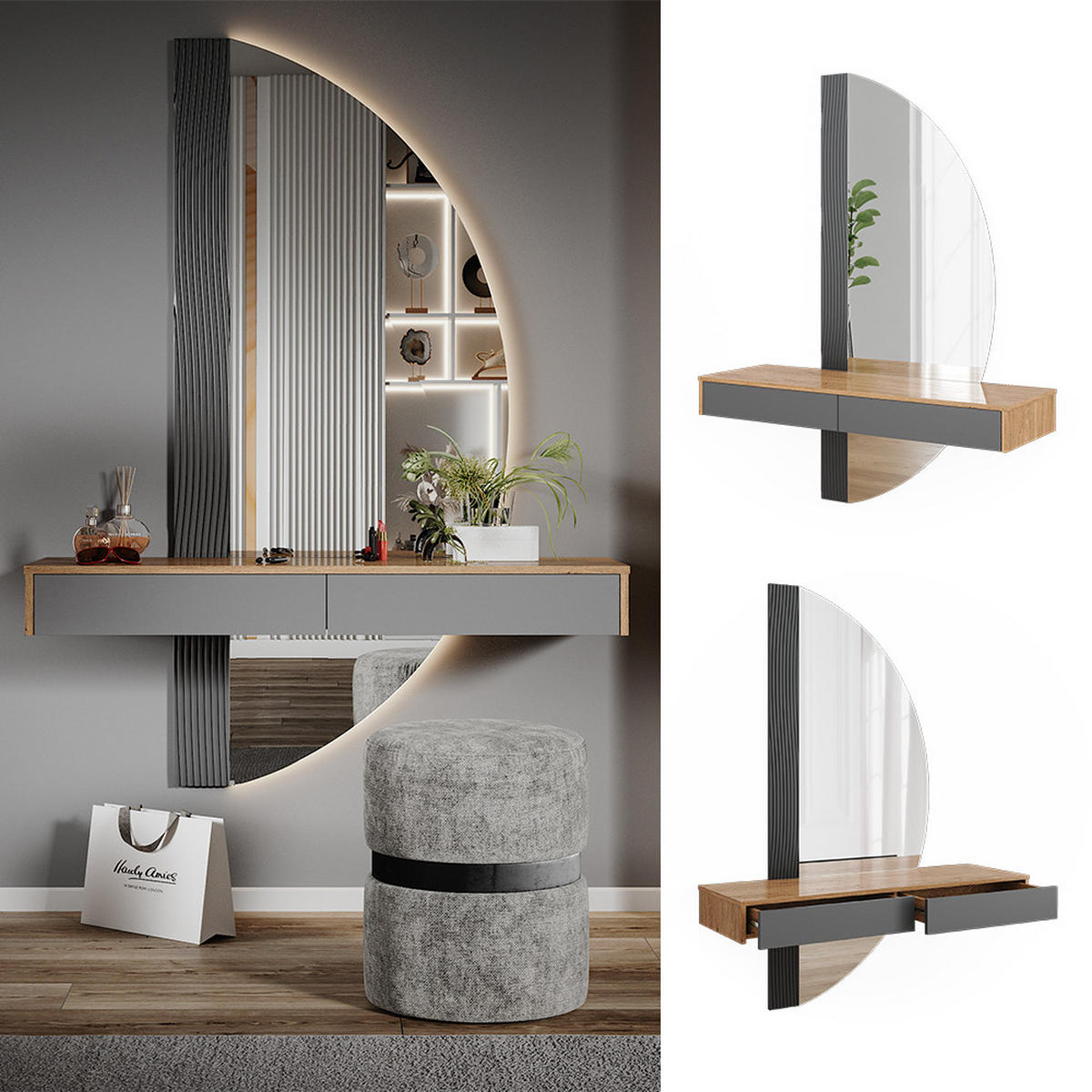 SCHMINKTISCH Melisa Grau 120 cm mit 2 Schubladen - Eichefarben/Grau, Holzwerkstoff (120/161.1/40cm) - Vicco