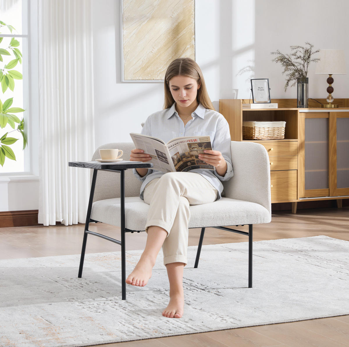 SESSEL 86/72/71 cm in Beige mit Beistelltisch und Seitentaschen - Beige, Textil (86/71/72cm) - BEAOK