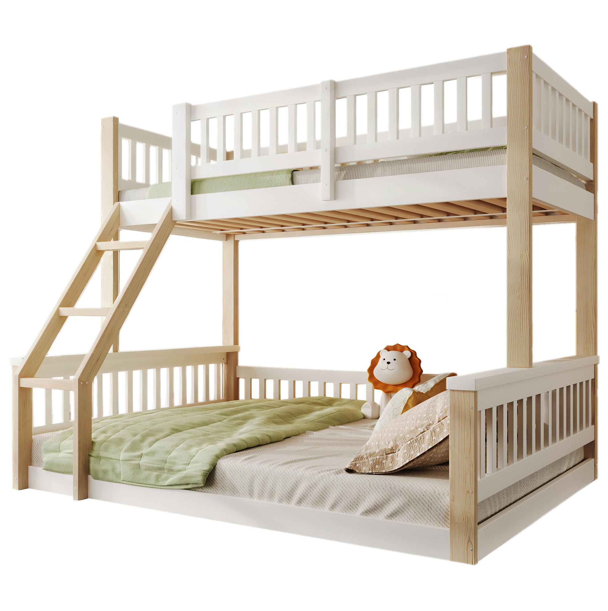 ETAGENBETT 90/200 cm + 140/200 cm, Weiß/Natur mit Leiter und Bettgitter ohne Matratze - Weiß, Holzwerkstoff (140/200cm) - MIVRAY