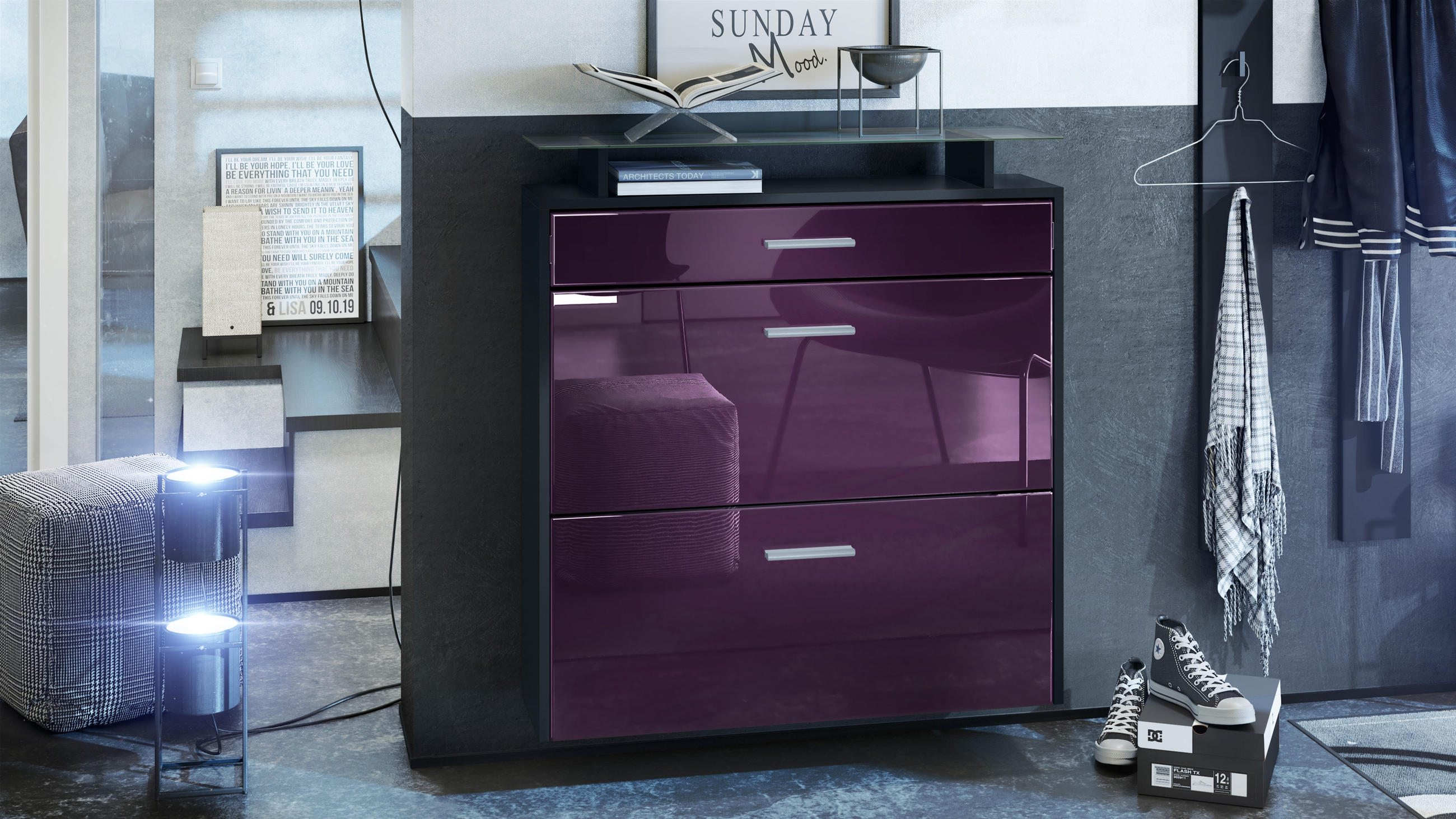 SCHUHSCHRANK Malea Front in Brombeer Hochglanz - Brombeere, Holzwerkstoff (89/96/23cm) - Vladon