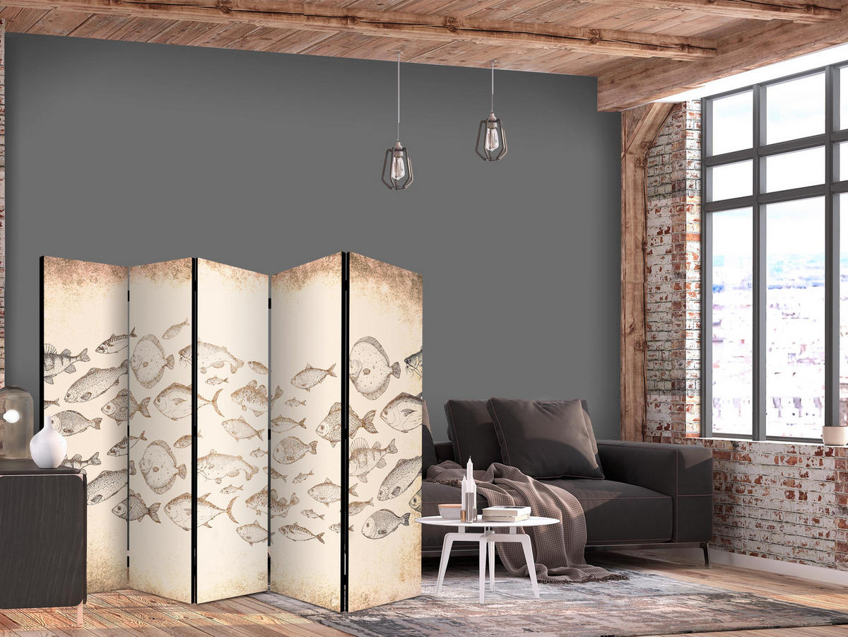 PARAVENT Akustik 5-tlg 225x172 cm Fischschwarm Vintage - Beige, Holz/Textil (225/172/3cm) - Muralo