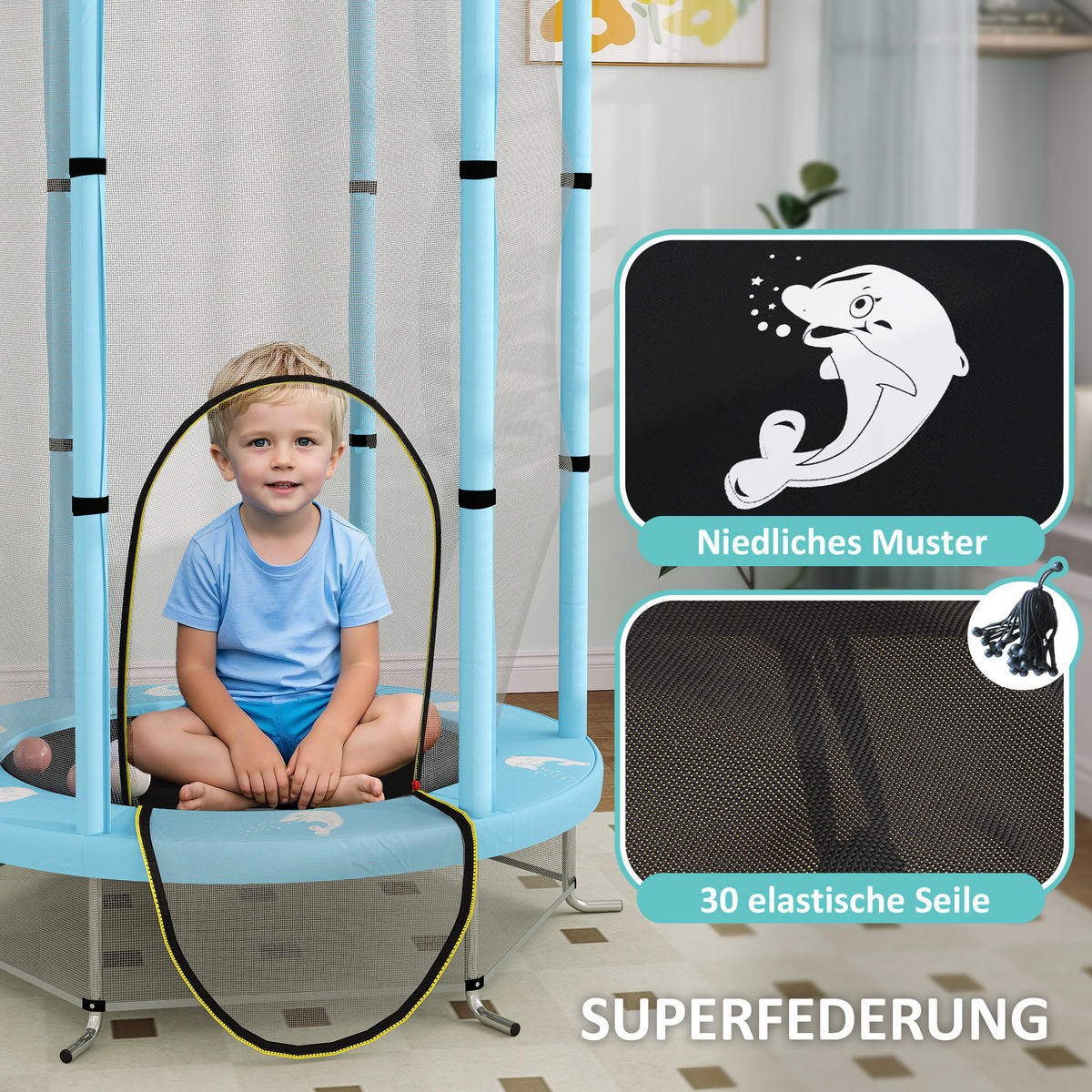 KINDER TRAMPOLIN, Hellblau, Stahl, Kunststoff - Hellblau, Metall (140/140cm) - AIYAPLAY