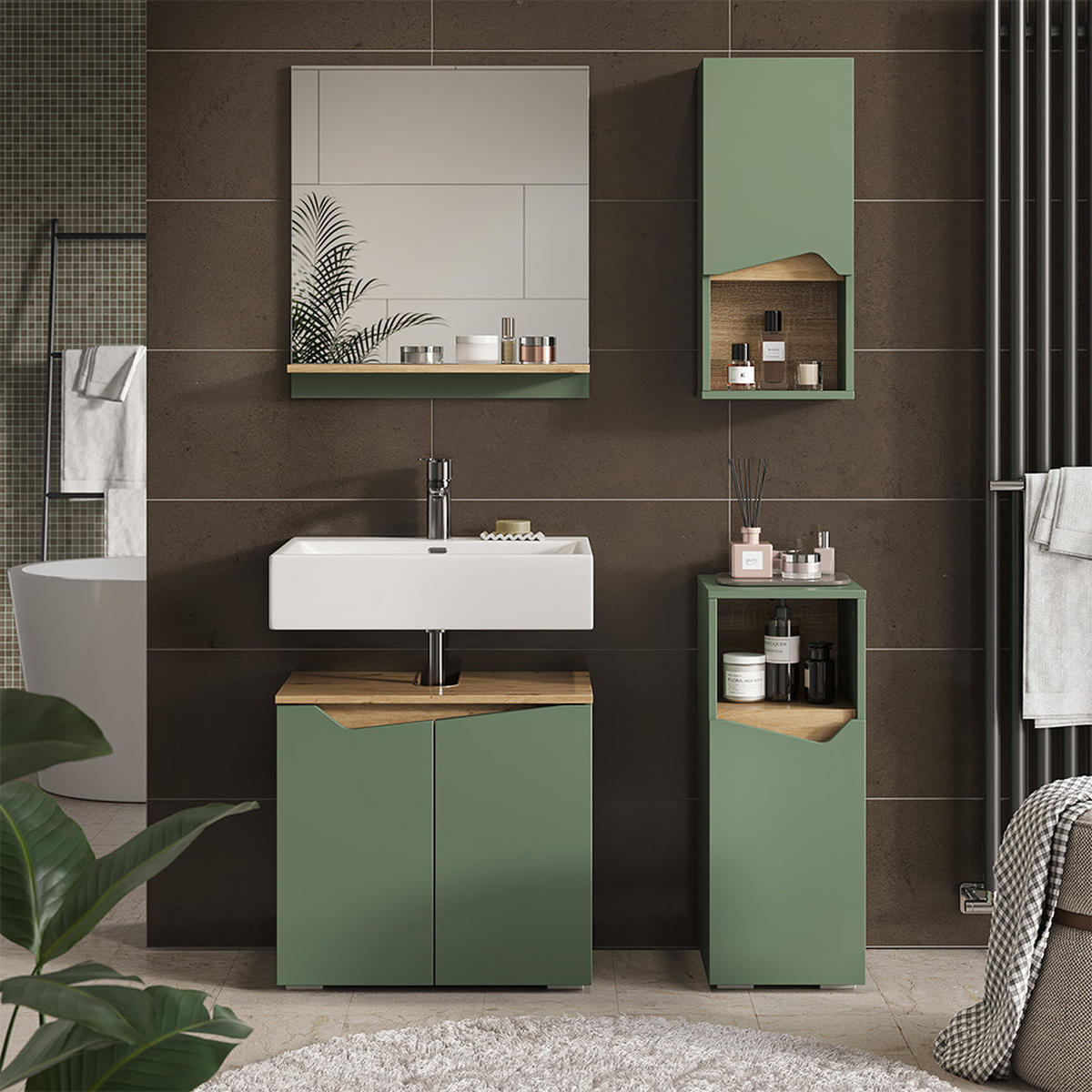 BADSCHRANK Marelle Grün/Artisan 30 x 67 cm mit Tür und offenem Fach - Grün, Holzwerkstoff (30/67/17cm) - Vicco