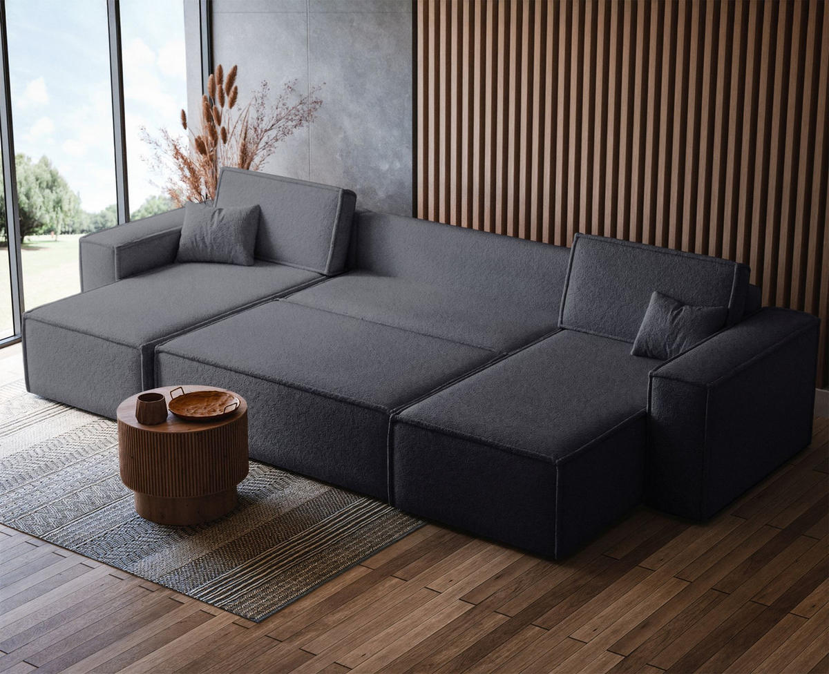 WOHNLANDSCHAFT Scarlo Dunkelgrau Bouclé-Bezug - Dunkelgrau/Schwarz, Kunststoff/Textil (312/83/145cm) - Selsey