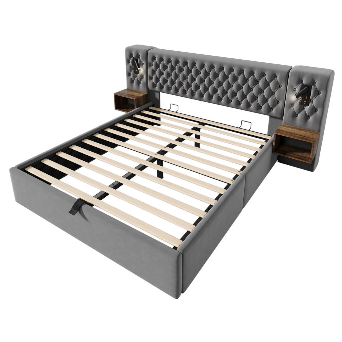 POLSTERBETT 180/200 cm Grau Hydraulisch Stauraumbett mit 2 Nachttischen - Grau, Textil (180/200cm) - OKWISH
