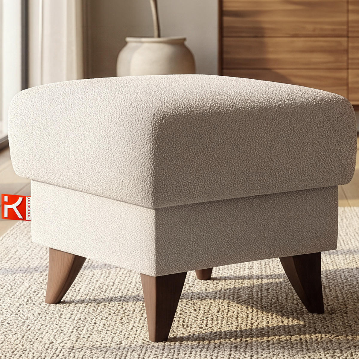 HOCKER GUSTAVO Fußstütze, Bouclé, Weiß - Weiß, Holz/Holzwerkstoff (53/49/53cm) - KONSIMO®
