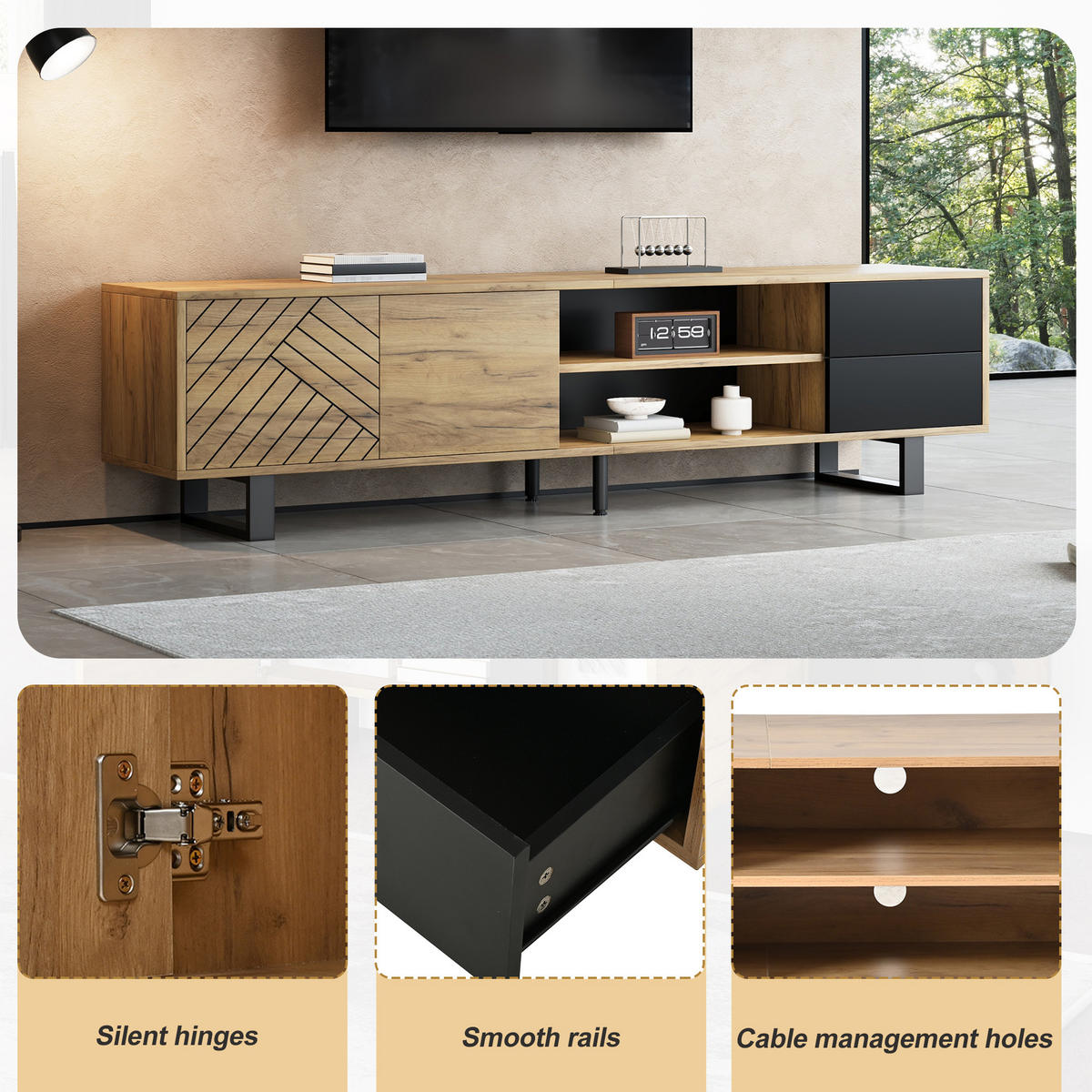 TV-ELEMENT180X40X50CM Holzoptik Lowboard mit Metallbeinen für 75-Zoll - Schwarz, Holz (51/18.49/57.99cm) - Raelunyi