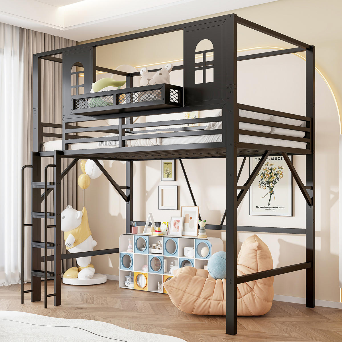 HOCHBETT aus Metall und MDF 90x200 cm Schwarz mit Dachdesign, Leiter und Ablagefach - Schwarz, Metall (90/200cm) - Modfu
