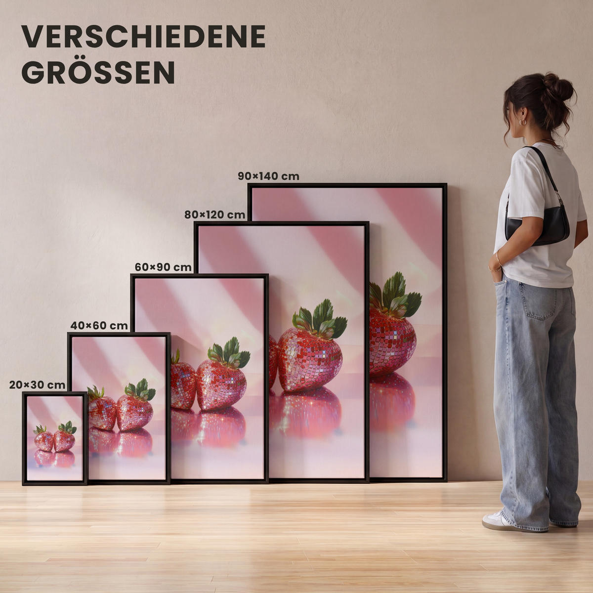 LEINWAND Bilder mit Rahmen - Disco - Obst - Glitzer - Erdbeere - 90x140 - Pink, Textil (90/140cm) - MuchoWow