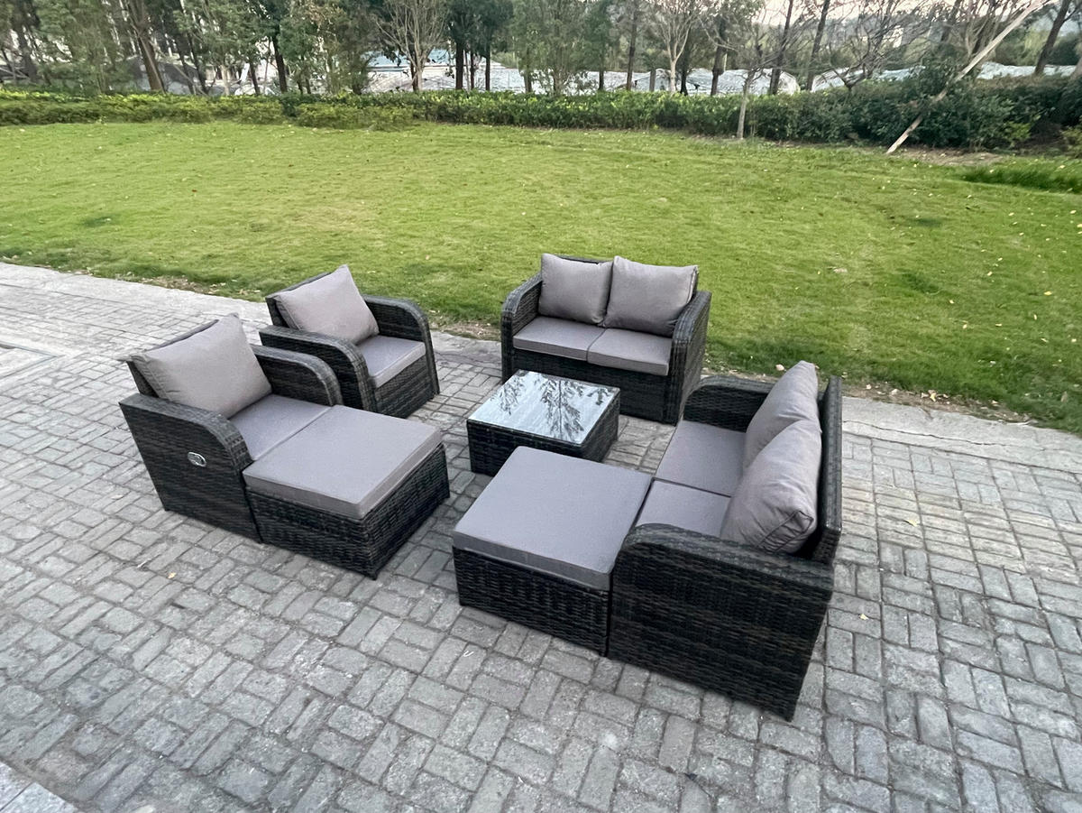 GARTENMÖBEL SET mit COUCHTISCH Polyrattan Dunkelgrau 8-Sitzer - Dunkelgrau/Grau, Glas/Kunststoff - Fimous