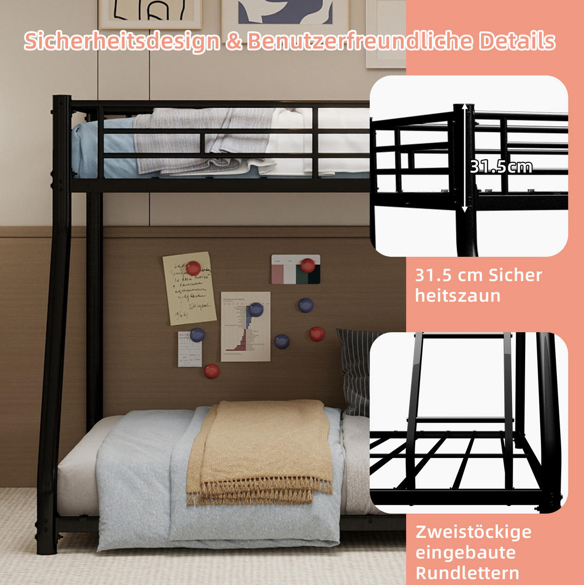 ETAGENBETT Kinderbette 196,6/146,6/139 cm aus Eisen mit geräuscharmer Konstruktion Schwarz - Schwarz, Metall (140/190cm) - Modenvie