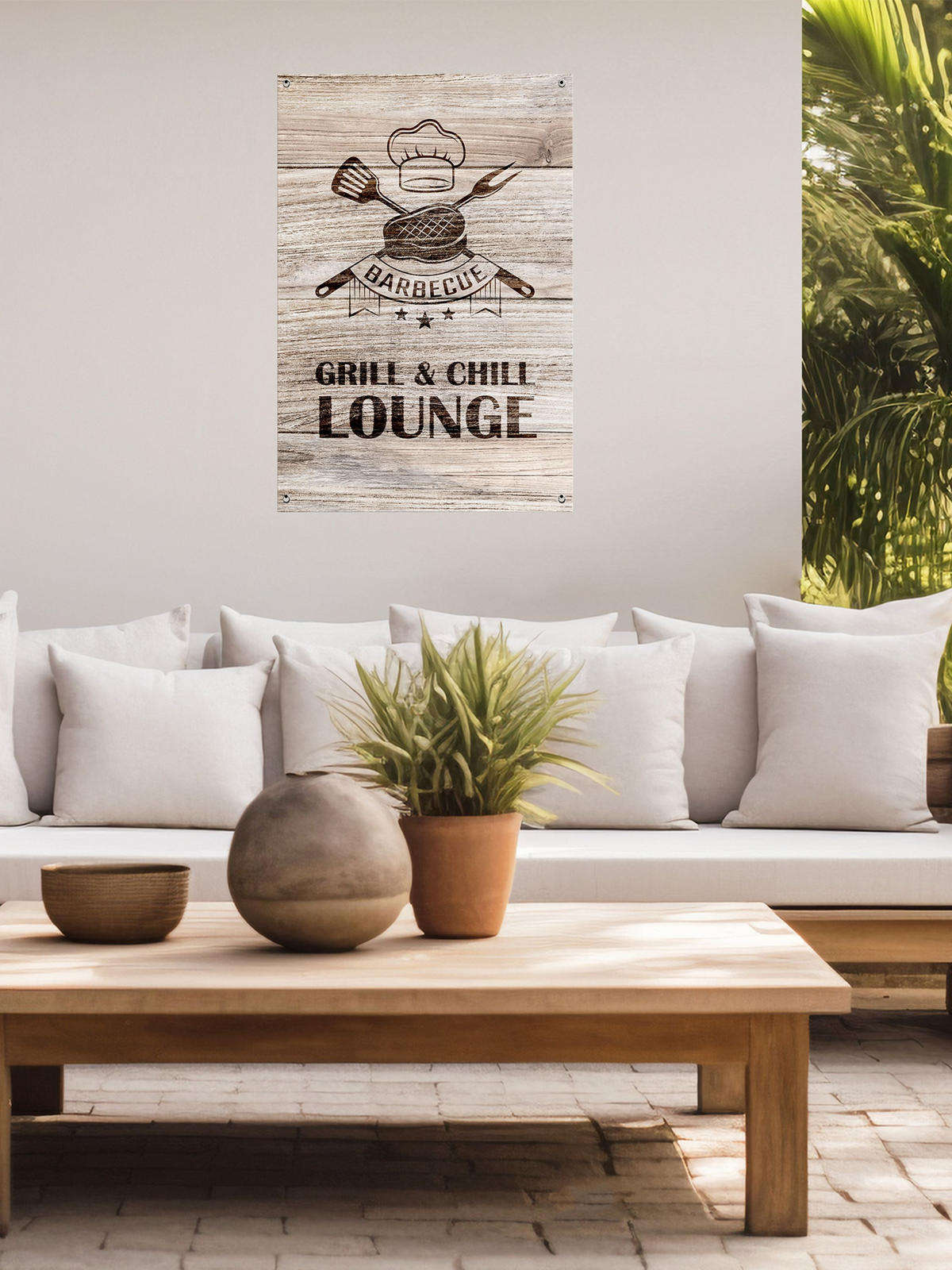 GARTEN-POSTER 90x60 cm Grill & Chill - Beige, Kunststoff (60/90/2cm) - artissimo
