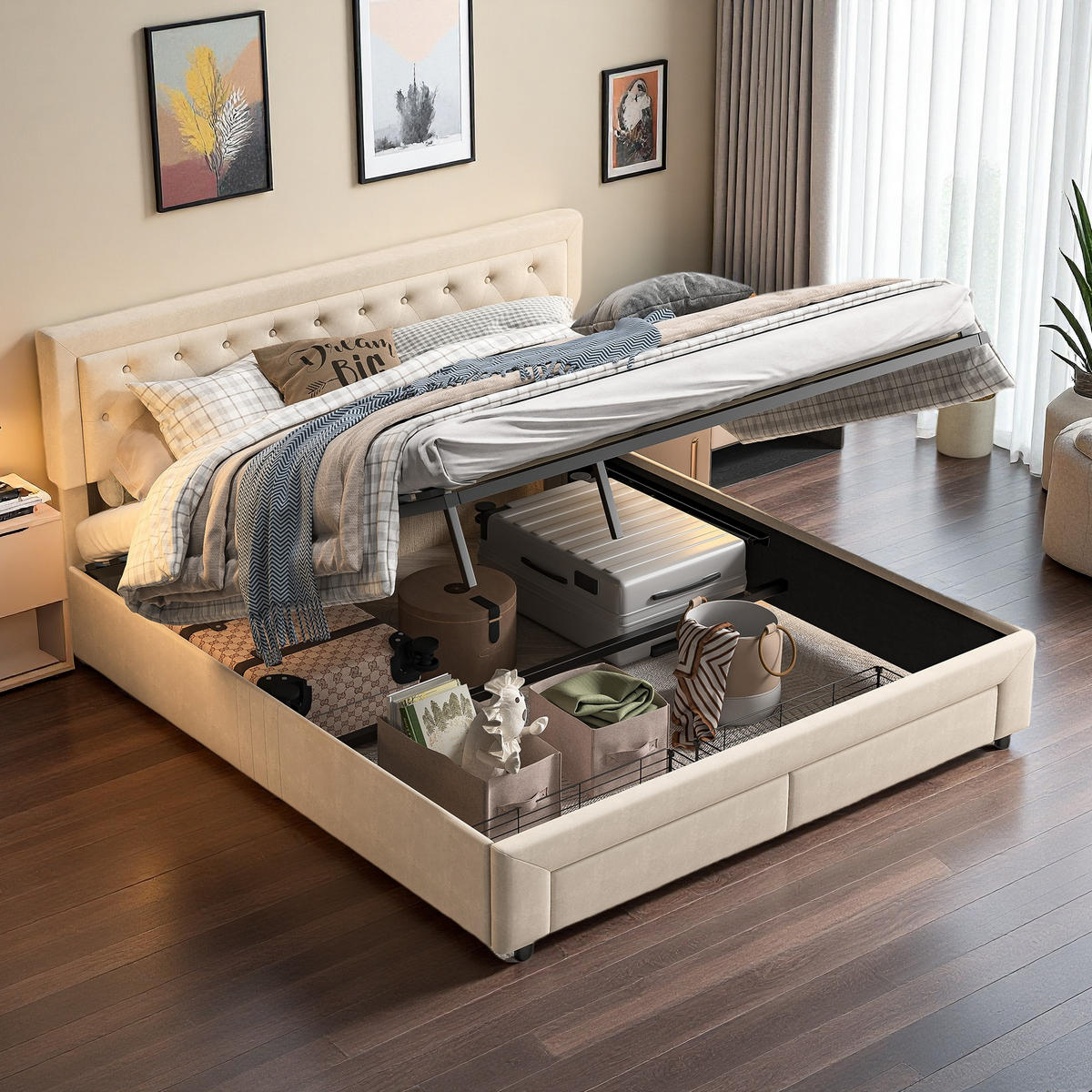 POLSTERBETT 180/200 cm Beige mit Bettkasten und Schubladen - Beige, Holz (180/200cm) - SHOPENTRA