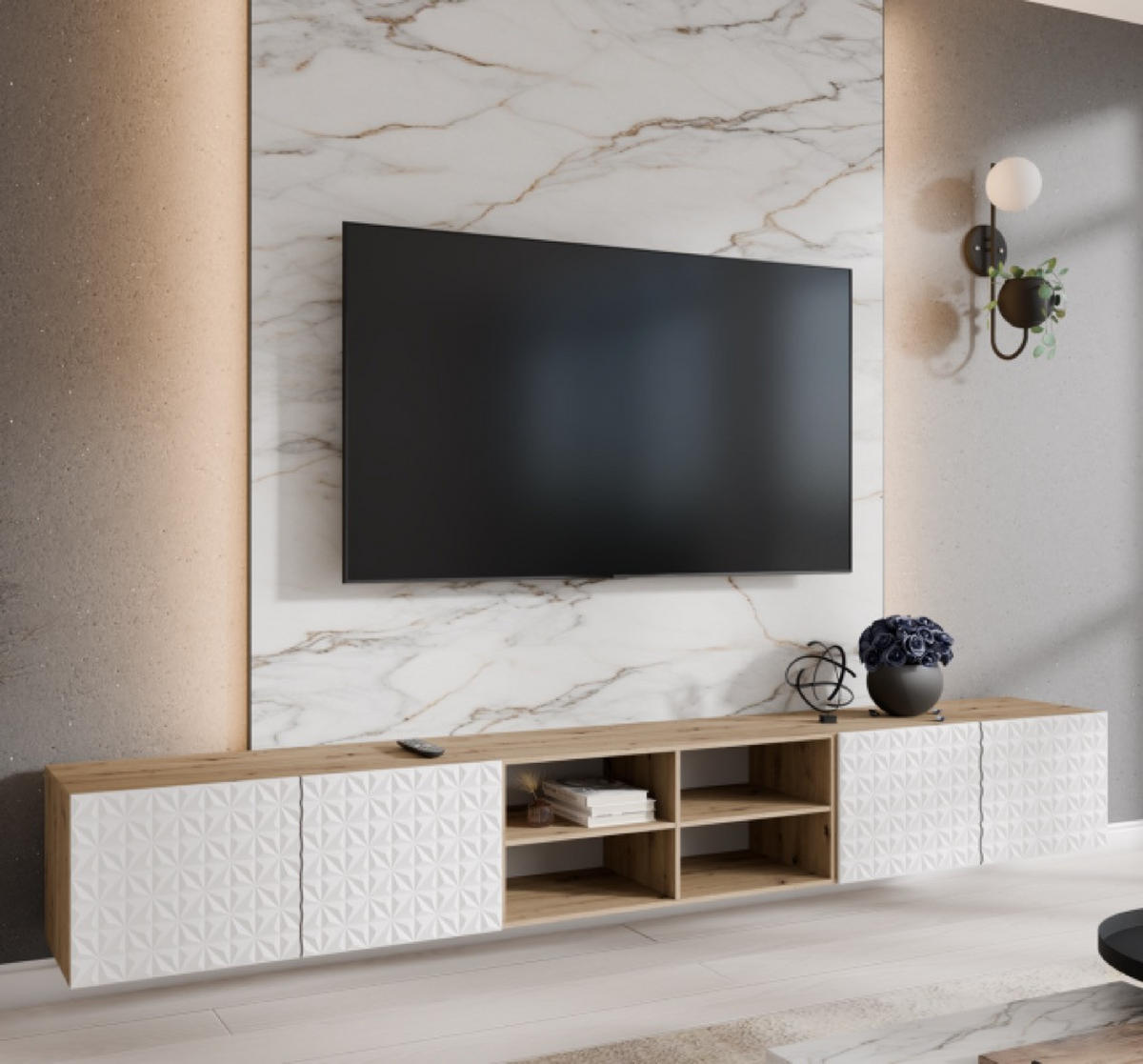 TV-SCHRANK Weiß ALI Offene Mit Regalen Mit Dekorativen Fronten Artisan+ 300 cm - Weiß/Braun, Holzwerkstoff (300/41/40cm) - Sepro Meble