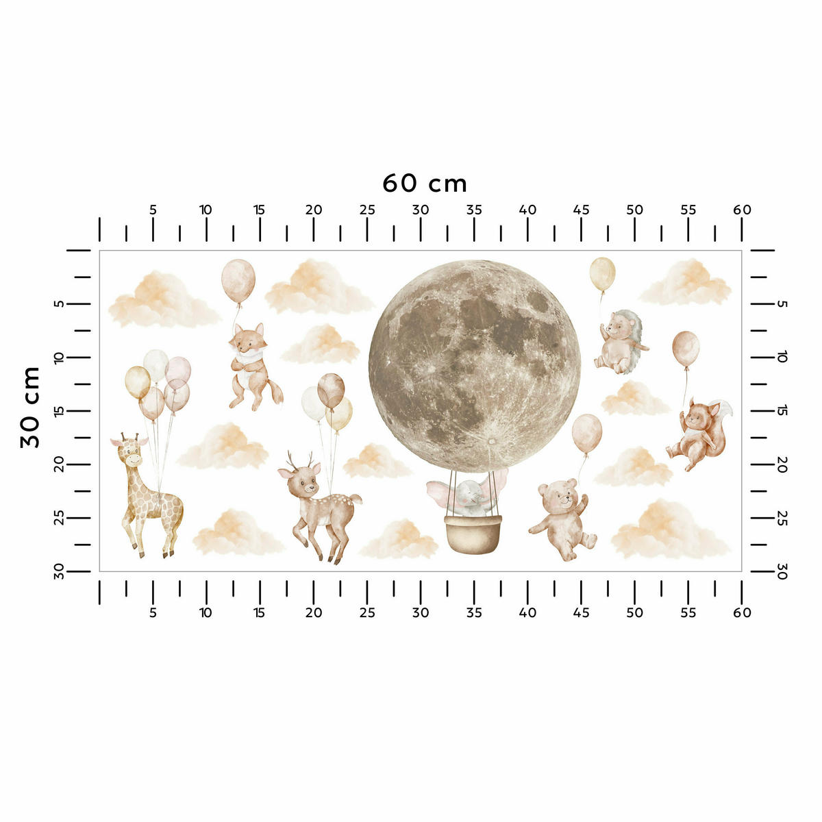 WANDSTICKER SET Tiere Ballons und Wolken 120x60 - Beige/Orange, Papier (120/60/60cm) - Muralo