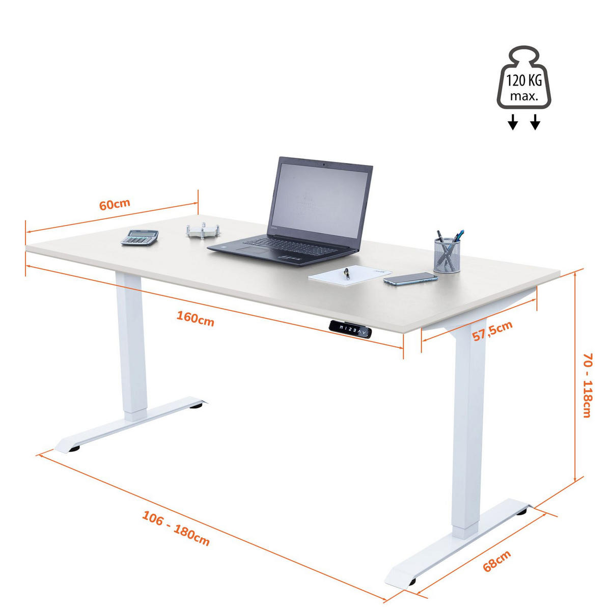SCHREIBTISCH elektrisch Premium höhenverstellbar ergonomisch 3 individuelle Höhen - Weiß, Metall (80/120/70cm) - Schaff
