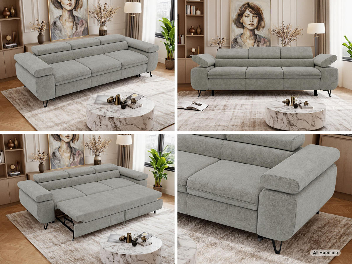 TROJMIESTNA POHOVKA PETER 3 s rozkládací funkcí - Sivá Štruktúrovaná látka - čierna/sivá, kov/textil (262/76/99cm) - MKS