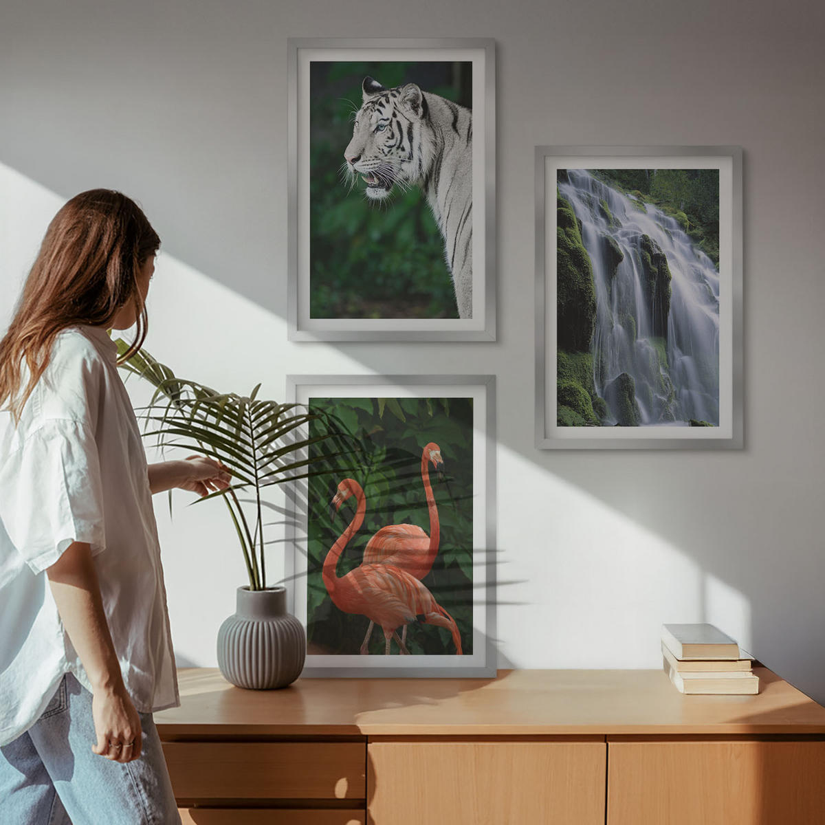 BILDER SET 3er Set - 40x60 cm Silberner Rahmen - Tiger Wasserfall Flamingos Natur - Silberfarben, Kunststoff (40/60cm) - TULUP