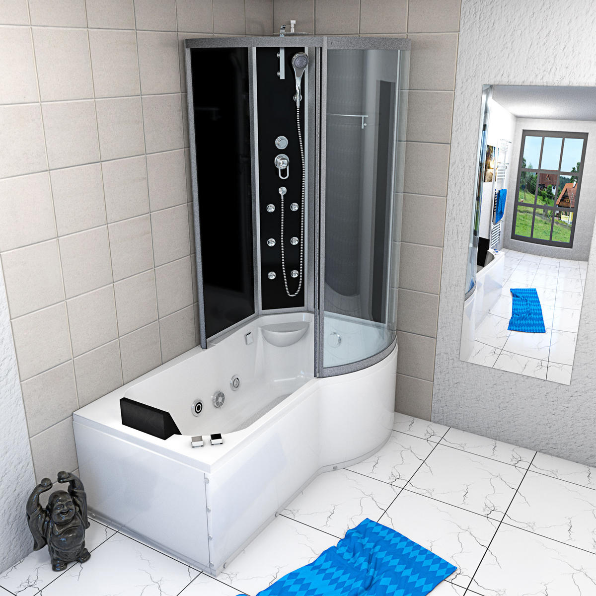 WHIRLPOOL Wanne Duschkabine sw K50-L30-WP 170x100 - Schwarz, Glas/Kunststoff (98/225/170cm) - AcquaVapore by Sandra Jentho