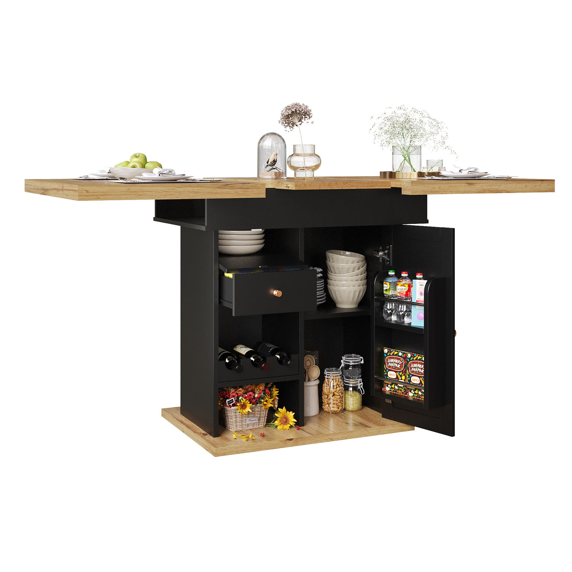 ESSTISCH 110-140/75/80 cm Schwarz/Natur aus MDF mit Stauraum - Schwarz, Holzwerkstoff (110/80/75cm) - OKMYHOME