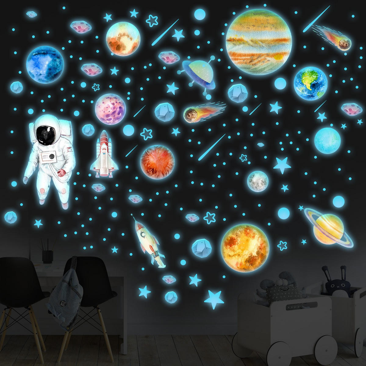 WANDAUFKLEBER Planeten, Galaxie, Astronauten, Leuchtend - Weiß, Kunststoff (25/1/20cm) - Authentics