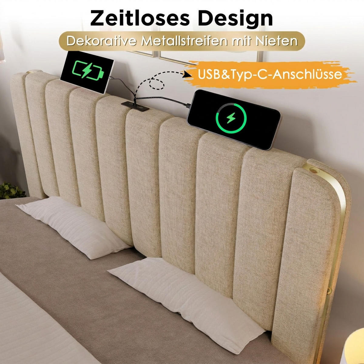 POLSTERBETT 90/200 cm Beige mit 4 Schubladen und USB Typ-C Ladefunktion - Beige, Textil (90/200cm) - Oxeza