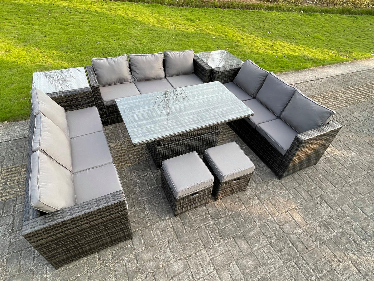 GARTENSOFA Hohe Rückenlehne Polyrattan 11-Sitzer - Dunkelgrau/Grau, Glas/Kunststoff - Fimous