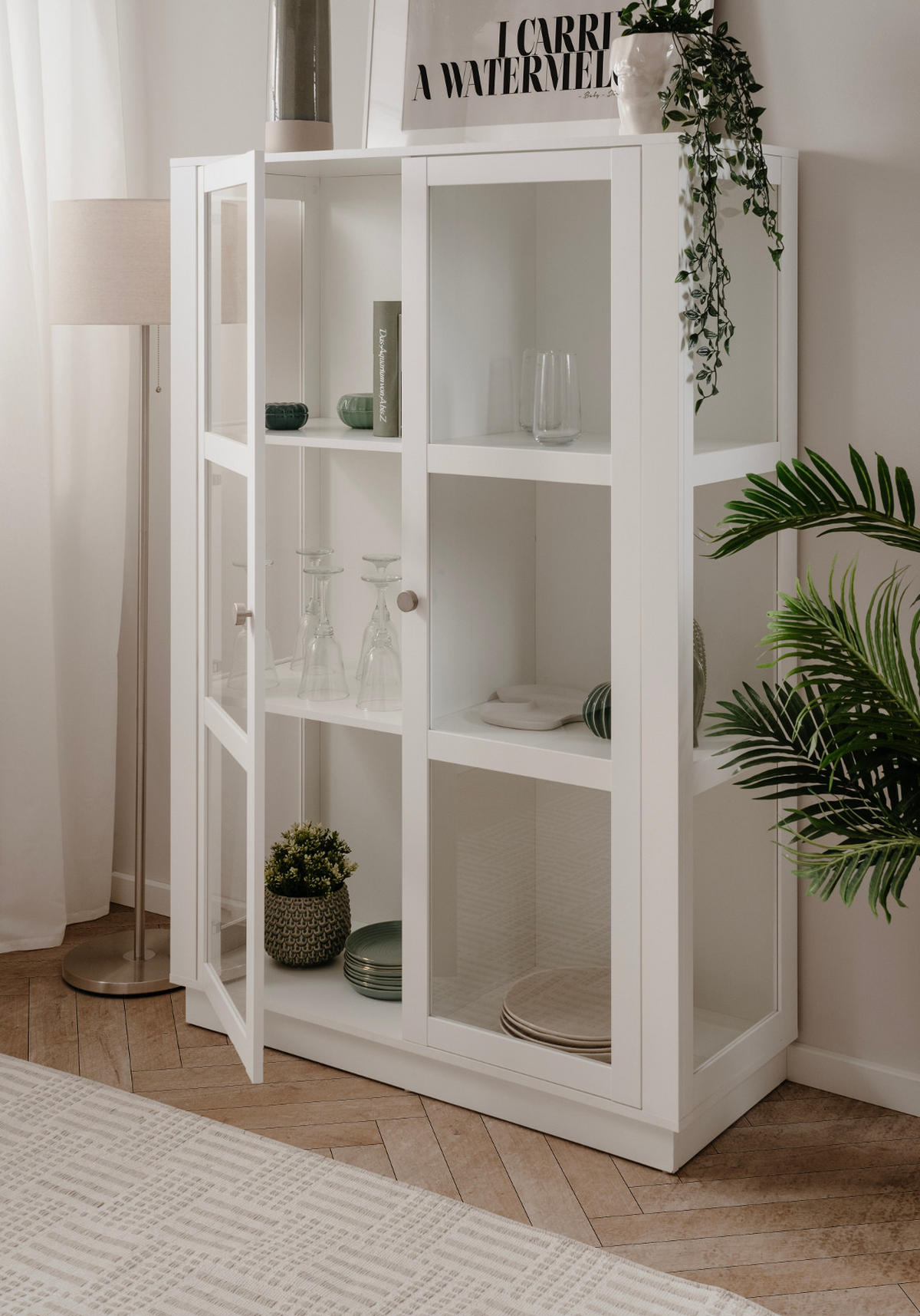 VITRINE weiß, 100 x 150 cm, Highboard mit 6 Fächern - Alufarben/Schwarz, Glas/Holzwerkstoff (56/150/40cm) - Furn.Design