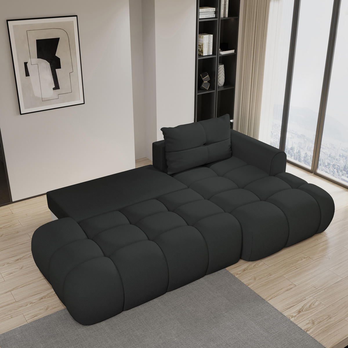 ECKSOFA FLUMA R-S Schwarz Geflochtener Stoff mit Schlaffunktion - Schwarz, Holz (274/165cm) - MASSENO