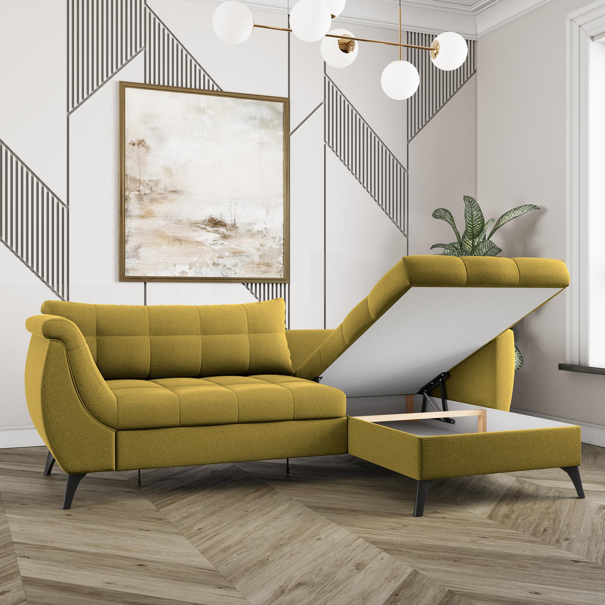 ECKSOFA MOLLIS Gelb Geflochtener-Stoff mit Schlaffunktion - Gelb, Holz (241/154cm) - MASSENO