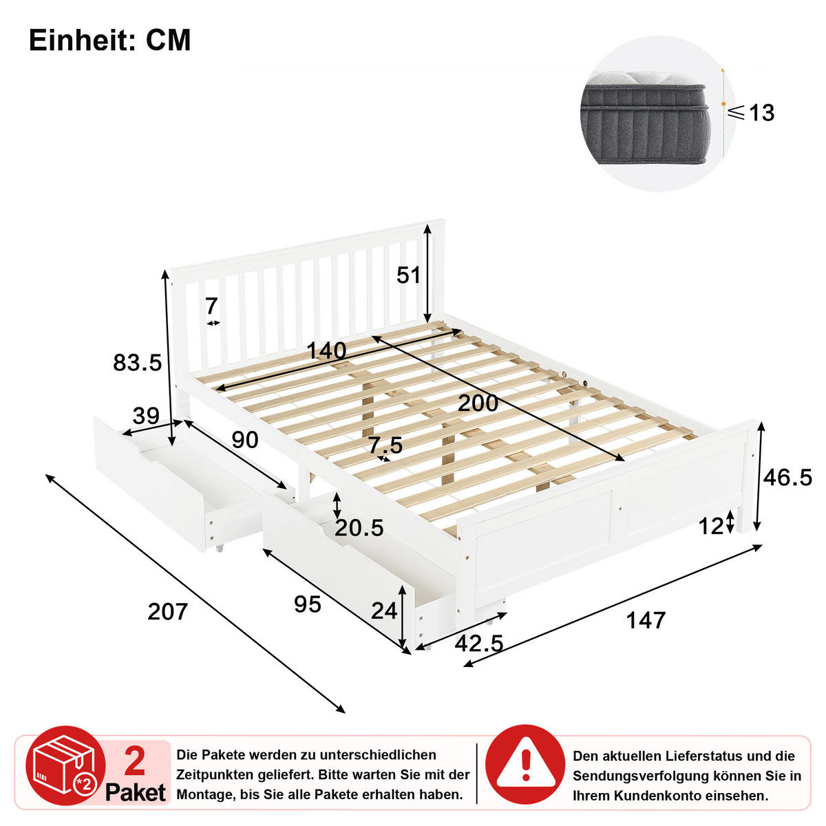 BETT 140/200 cm in Weiß mit 2 Schubladen - Weiß, Holz/Holzwerkstoff (140/200cm) - CHICFURN